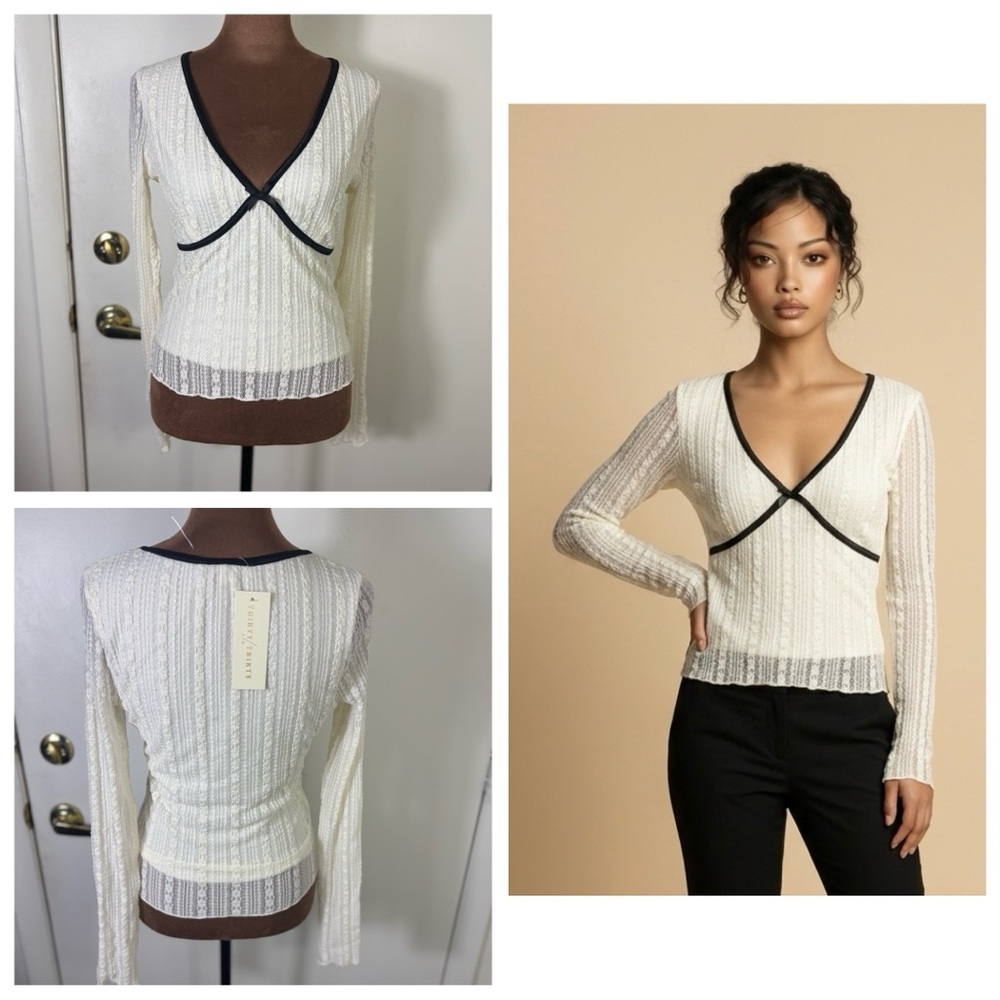 Thirty/Thirty Women Sz S Ivory Lace V-Neck Black Trim long sleeve blouse NWT